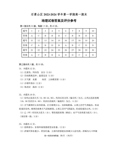 2023 2024学年北京石景山区高一上学期期末地理试题及答案北京高考在线