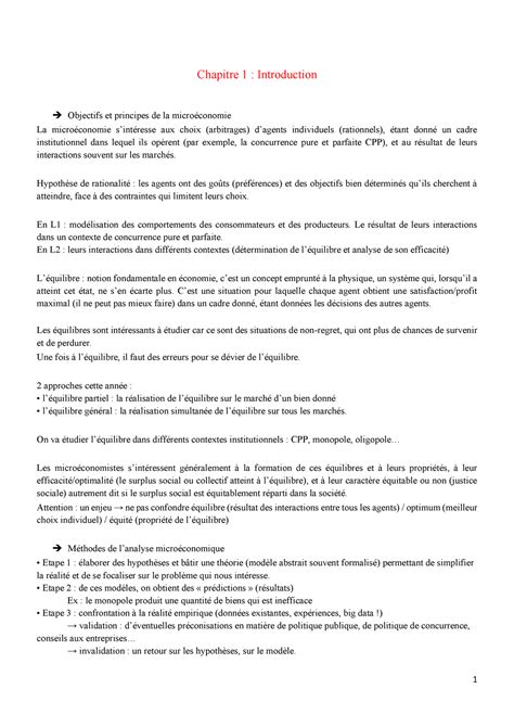 Microéconomie Chapitre 1 Introduction Objectifs et principes de la