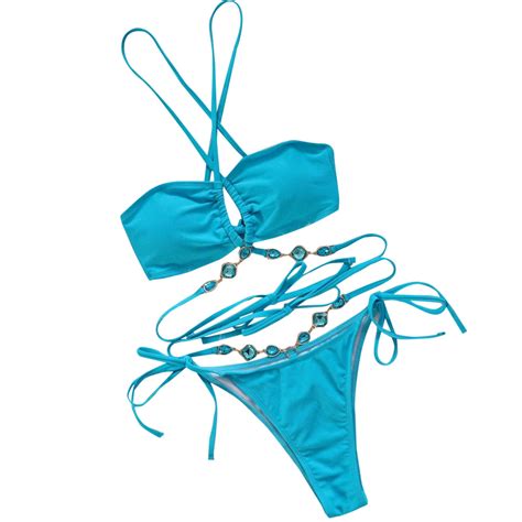Ousvtion Two Pieces Bathing Suit For Women Rhinestone Halter Swimwear Drawstring Bikini Triangle