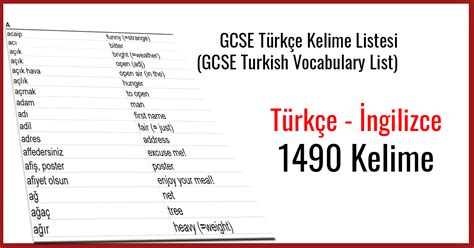 GCSE Türkçe Kelime Listesi GCSE Turkish Vocabulary List TÜRKÇE