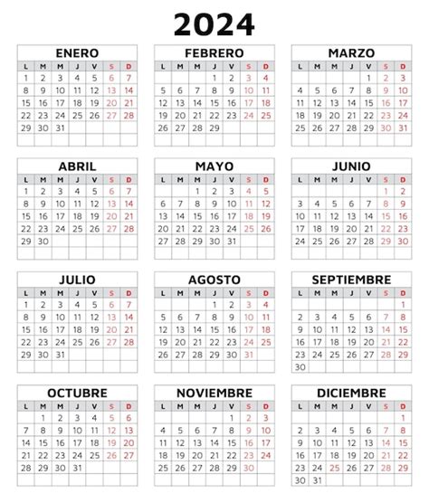 Calendario español de 2024 plantilla vectorial imprimible simple con