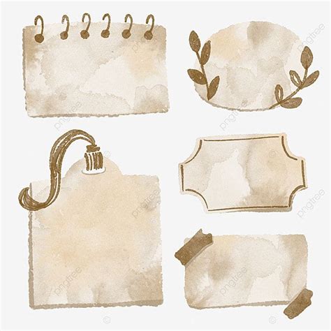 Vintage Watercolor Paper Tags with Leaves - Scrapbook Aesthetic Clipart