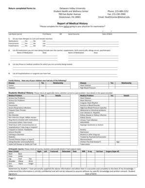 Fillable Online Report Of Medical History Delaware Valley University