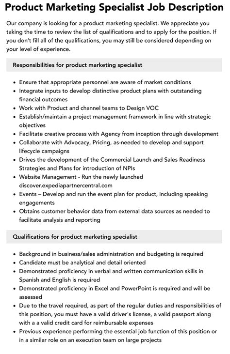 Product Marketing Specialist Job Description Velvet Jobs