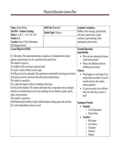 Physical Education Lesson Plan Templates Addictionary Bank2home