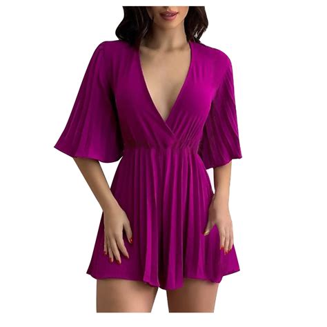 Ameiaea Womens Deep V Neck Romper High Waist Pleated Flowy Short