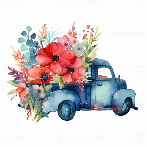 Vintage Truck With Flowers Watercolor Hand Drawn Clipart Isolated On