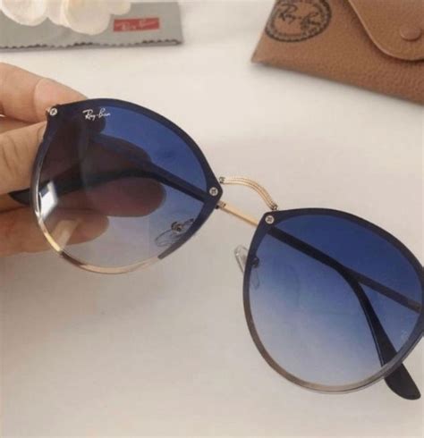 Culos De Sol Feminino Ray Ban Round Blaze Dourado Lente Azul Degrad