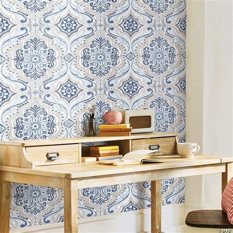 Roommates Bohemian Damask Peel And Stick Wallpaper Blue Oriental Trading