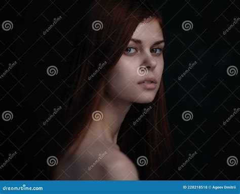 Red Haired Woman Naked Shoulders Clear Skin Dark Background Stock Photo Image Of Caucasian