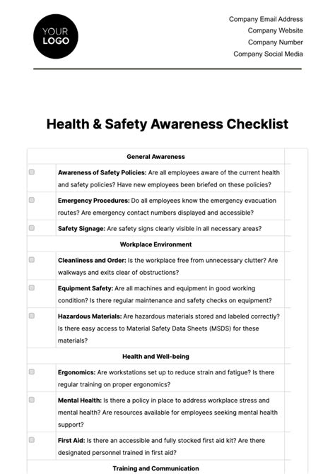 Free Health And Safety Awareness Checklist Template Edit Online