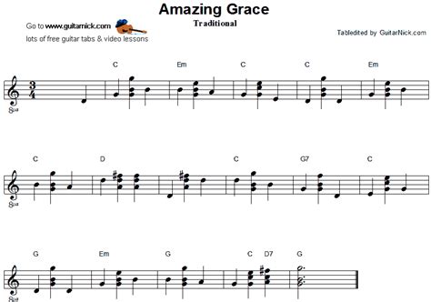 AMAZING GRACE: Chord-Melody Guitar Tab - GuitarNick.com