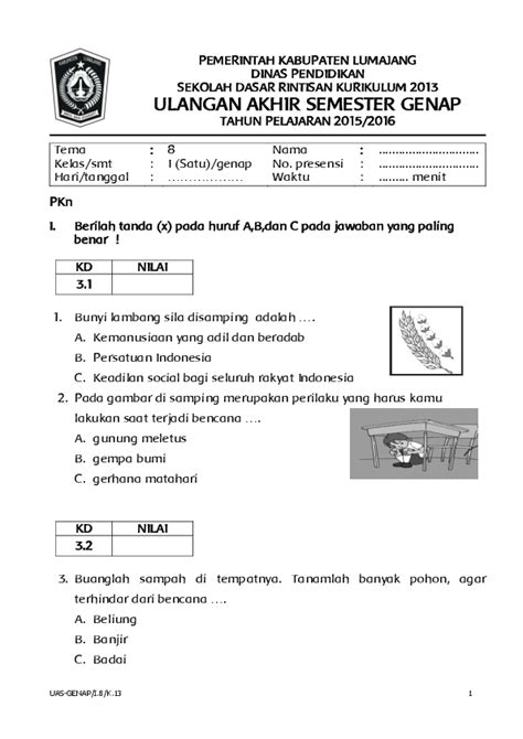 Pdf Soal Uas Kelas 1 Tema