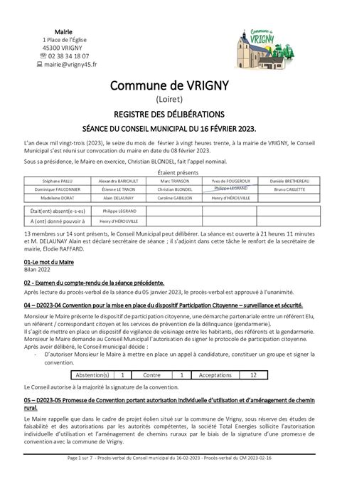 Procès verbal du Conseil Municipal du 16 février 2023 Vrigny notre