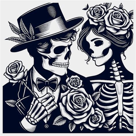 Man Woman Skeleton And Roses Silhouette Vector Svg Filesskull With