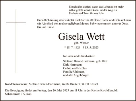 Traueranzeigen Von Gisela Wett Trauer HNA De