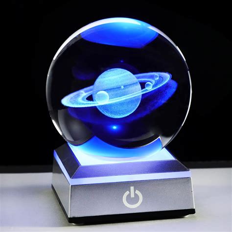 Ornalrist 80mm 3D Engraved Saturn K9 Crystal Ball With Silver LED Base