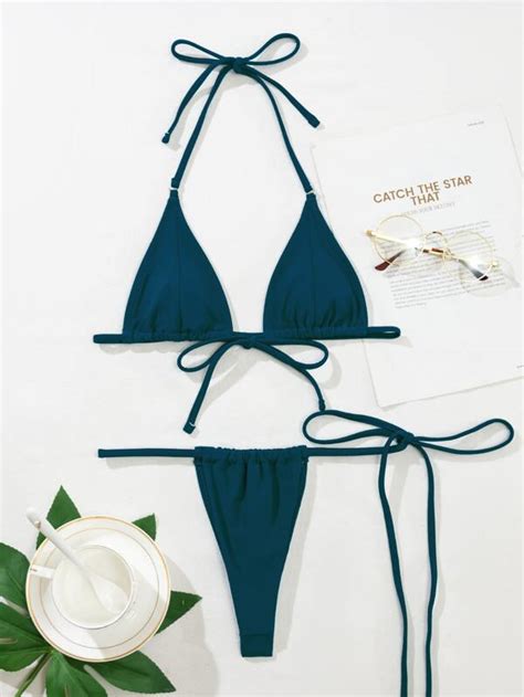 SHEIN Swim Basics Solid Bikini Set Micro Triangle Bra Thong Bottom Piece Bathing Suit SHEIN