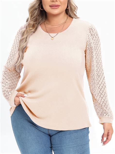 Mengpipi Women S Plus Size Tops Waffle Knit Lace Long Sleeve Blouse