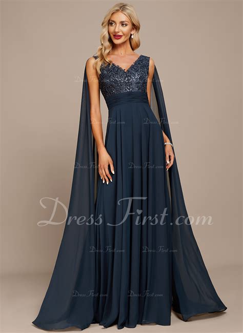 A Line V Neck Floor Length Chiffon Lace Evening Dress With Sequins 017271443 Dressfirst