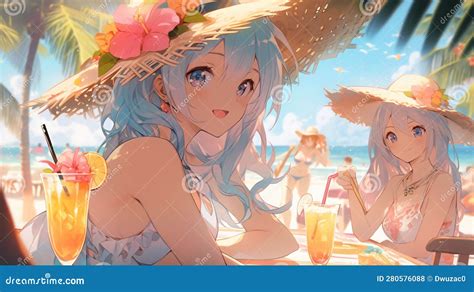 Lofi Girl In Bikini On A Beach Anime Manga Style Illustration Design Background Generative Ai