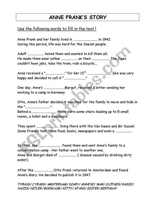 Anne Franks Story Esl Worksheet By Delph