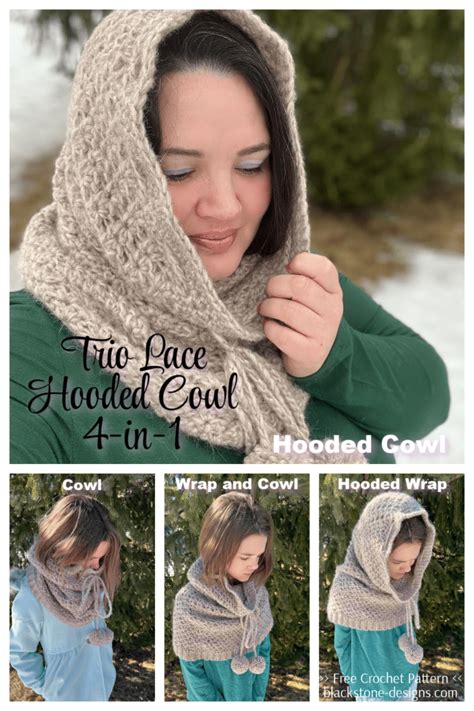 How To Crochet The Trio Lace Hooded Cowl Free Pattern Blackstone Designs Crochet Patterns