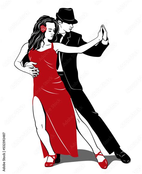 Argentine Tango Couple Dancing Woman In Red Dress Man In Black Suit