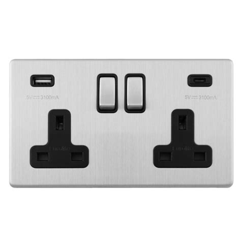 Eurolite Concealed 3mm Stainless Steel 2 Gang 13a Switched Socket With Usb Chargers A C And