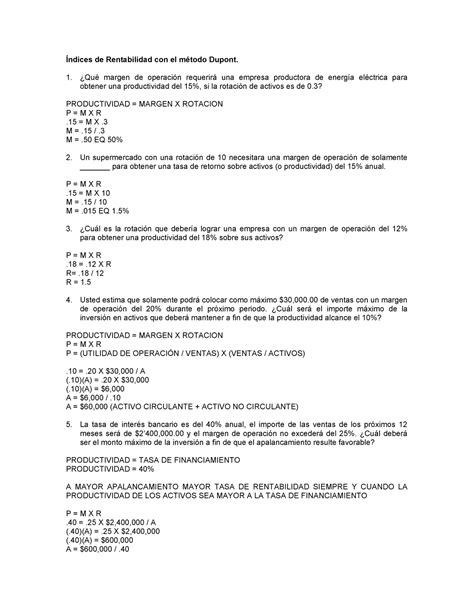 Solución Ejercicios Indices De Rentabilidad Método Dupont Índices De