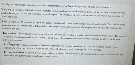 Solved Classify The Experiments According To Their