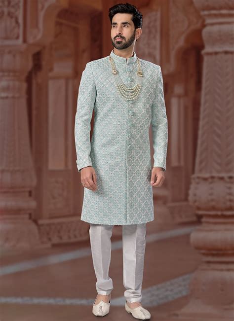 Shop Luxurious Sequins Hand Work Jacquard Silk Indowestern Sherwani