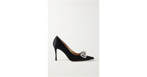 Mach Mach Double Bow Crystal Embellished Satin Point Toe Pumps In