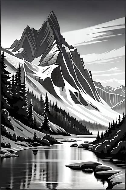 Uma Pintura Em Preto E Branco De Uma Paisagem Montanhosa Um Rio Em