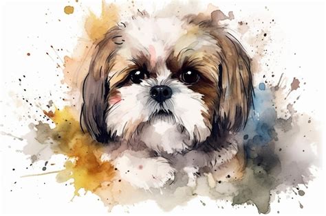 Shih Tzu Adorable Cachorro Perro Acuarela Ilustraci N Con Manchas De