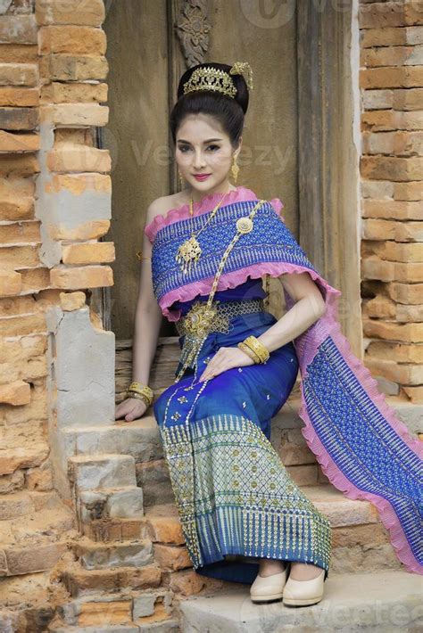 Portrait of asian woman wear ancient thai dress style,Thailand people ...