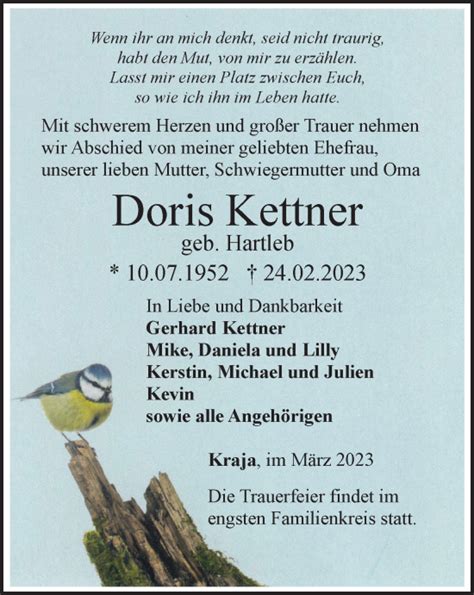 Traueranzeigen Von Doris Kettner Trauer In Thueringen De