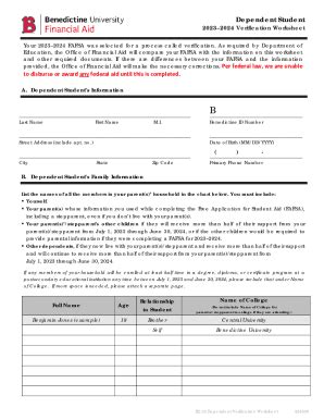 Fillable Online Financial Aid Dependent Student 23 24 Verification