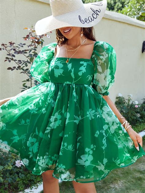 Shein Floral Print Square Neck Puff Sleeve Organza Dress