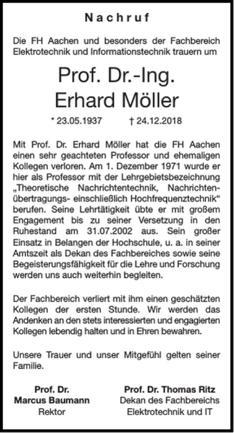 Traueranzeigen von Prof Dr Ing Erhard Möller Aachen gedenkt