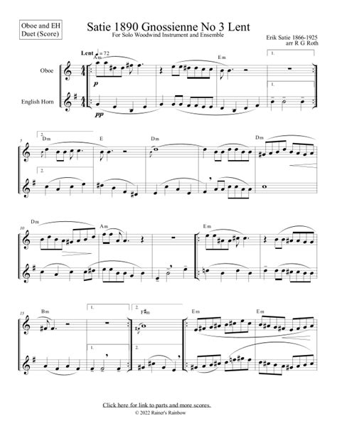 Satie Gnossienne No 3 For Oboe English Horn Duet With Chords Arr R G