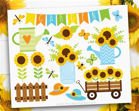 Sunflower Garden Clipart - Premium Vector Clip Art by MyClipArtStore