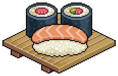 Pixel Art Sake Nigiri Tekka Maki Futomaki On Wooden Board For Sushi