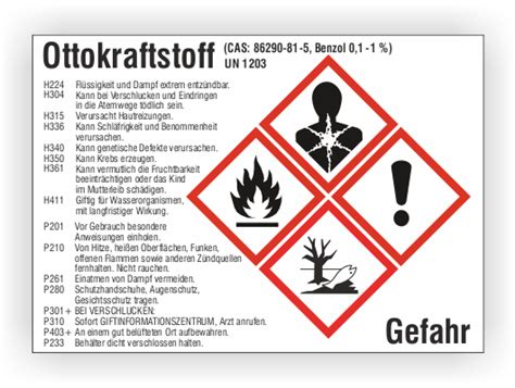 Gefahrstoffetikett Ottokraftstoff UN 1203 gemäß CLP GHS Folie 105 x