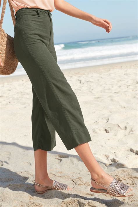 Womens Next Khaki Linen Blend Cropped Trousers Green Льняные брюки