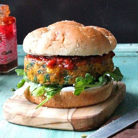 Vegan Curried Sweet Potato Burger With Tomato Chutney And Cilantro