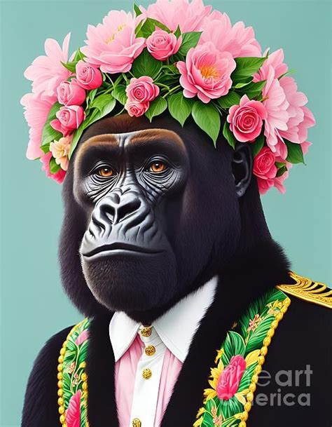 Gorilla Funny Portrait With Flowers By Vincent Monozlay In