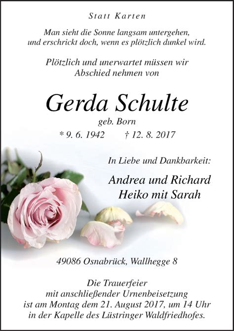 Traueranzeigen Von Gerda Schulte Noz Trauerportal