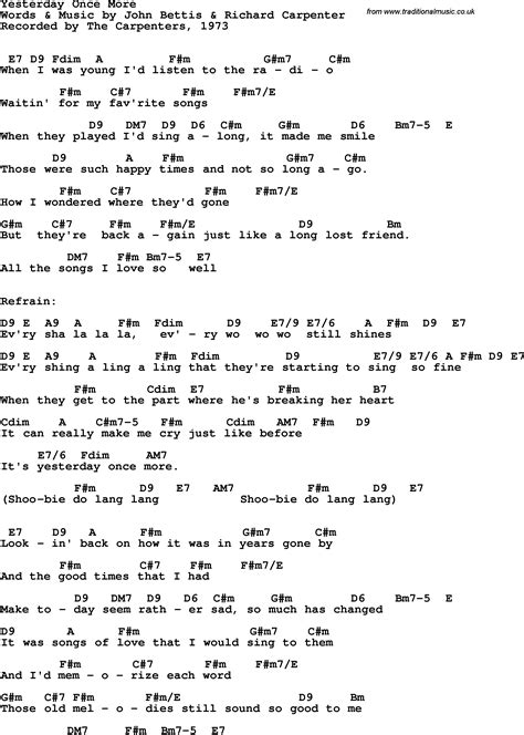 Song lyrics with guitar chords for Yesterday Once More - The Carpenters, 1973