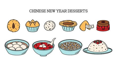 Cny Feier Chinese New Year Desserts Vektorillustration Im Doodle Stil